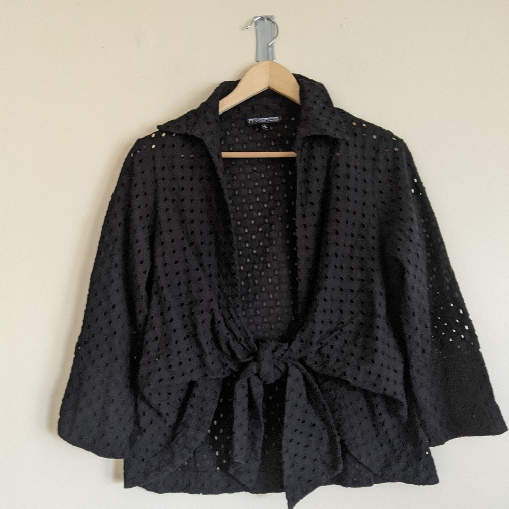 Mishca Black Cotton Eyelet Tie-Front Jacket – Size L – Lightweight & Chic